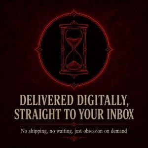 May include: A dark red graphic featuring a central hourglass icon inside a circular frame. The text reads: DELIVERED DIGITALLY, STRAIGHT TO YOUR INBOX. Below this, smaller text states: No shipping, no waiting, just obsession on demand.