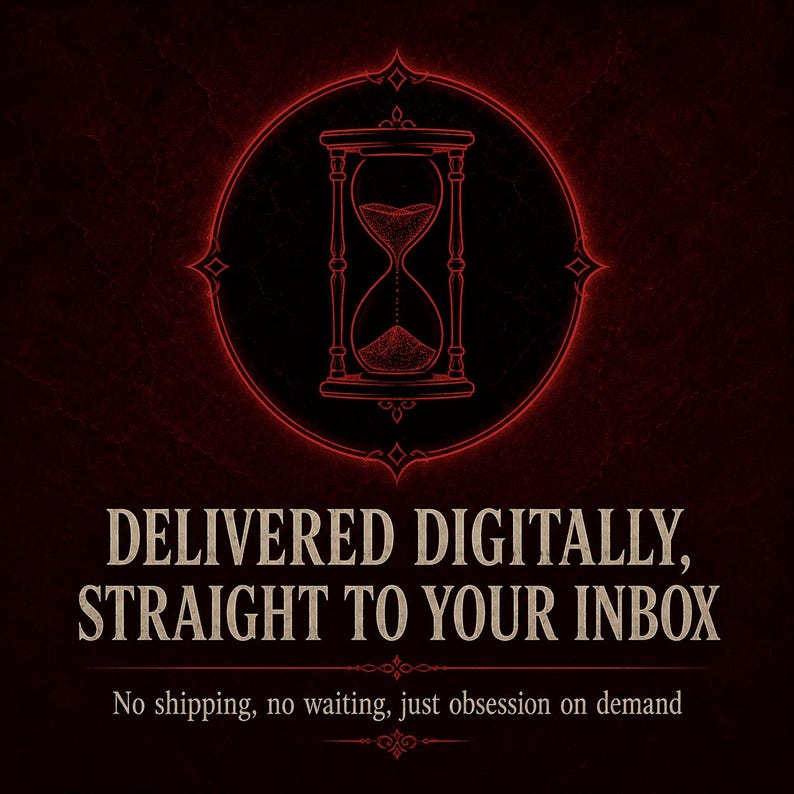 May include: A dark red graphic featuring a central hourglass icon inside a circular frame. The text reads: DELIVERED DIGITALLY, STRAIGHT TO YOUR INBOX. Below this, smaller text states: No shipping, no waiting, just obsession on demand.