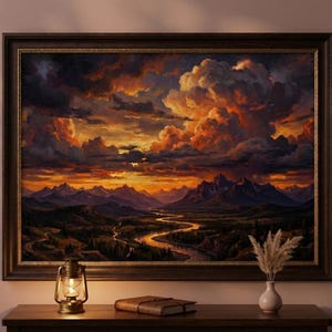 May include: A framed landscape painting shows a sunset over mountains and a river. The sky is filled with orange and dark clouds. A vintage lantern, a leather-bound book, and a vase with dried flowers sit on a wooden surface.