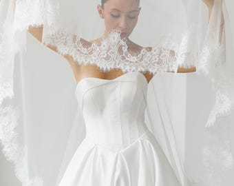 Two Tier Chantilly Lace Wedding Veil: Ivory Blusher Veil with Eyelash Edge