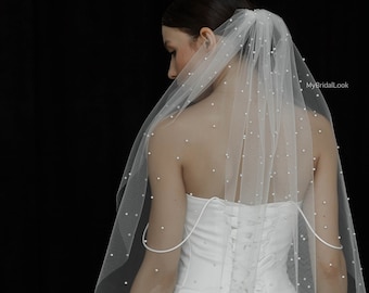 Voile de mariée perlé | Voile de perles éparses sur tulle de mariée doux | Voile de mariée en perles avec peigne