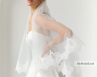 Lace Veil with Blusher: Ivory Corded Lace Two Tier Wedding Veil