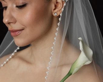 Single Layer Pearl Edge Wedding Veil | Soft Tulle with Beaded Embroidery | One Tier Design