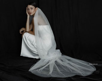 Multilayer Simple Wedding Veil | Soft Long Veil with Cathedral Train | Plain chapel bridal veil