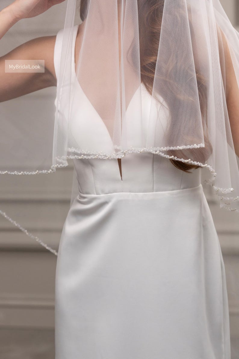Voile de mariée deux niveaux, bordure cristal et perles