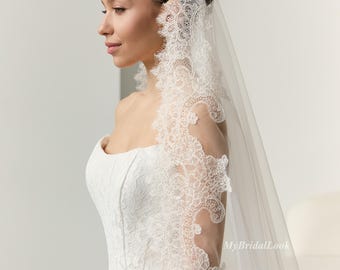 Ivory Cathedral Wedding Veil – Corded Floral Lace Mantilla with Scalloped Eyelash Edge
