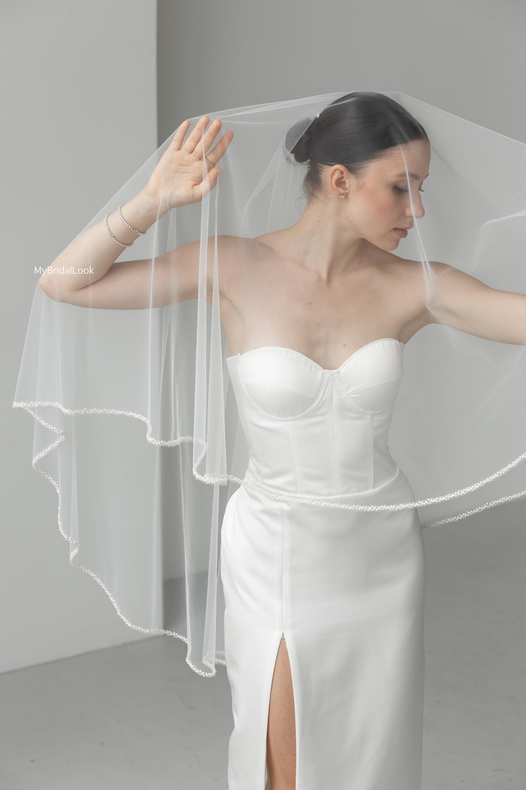 Elegant Two Tiered creamy  edged veil with beadwork Two Tier Wedding Veil with Beaded Edge - Fingertip, Chapel  main image 3