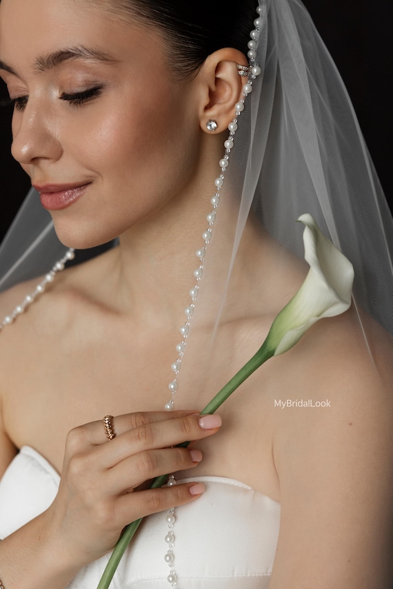 Single Layer Pearl Edge Wedding Veil | Soft Tulle With  display picture 2