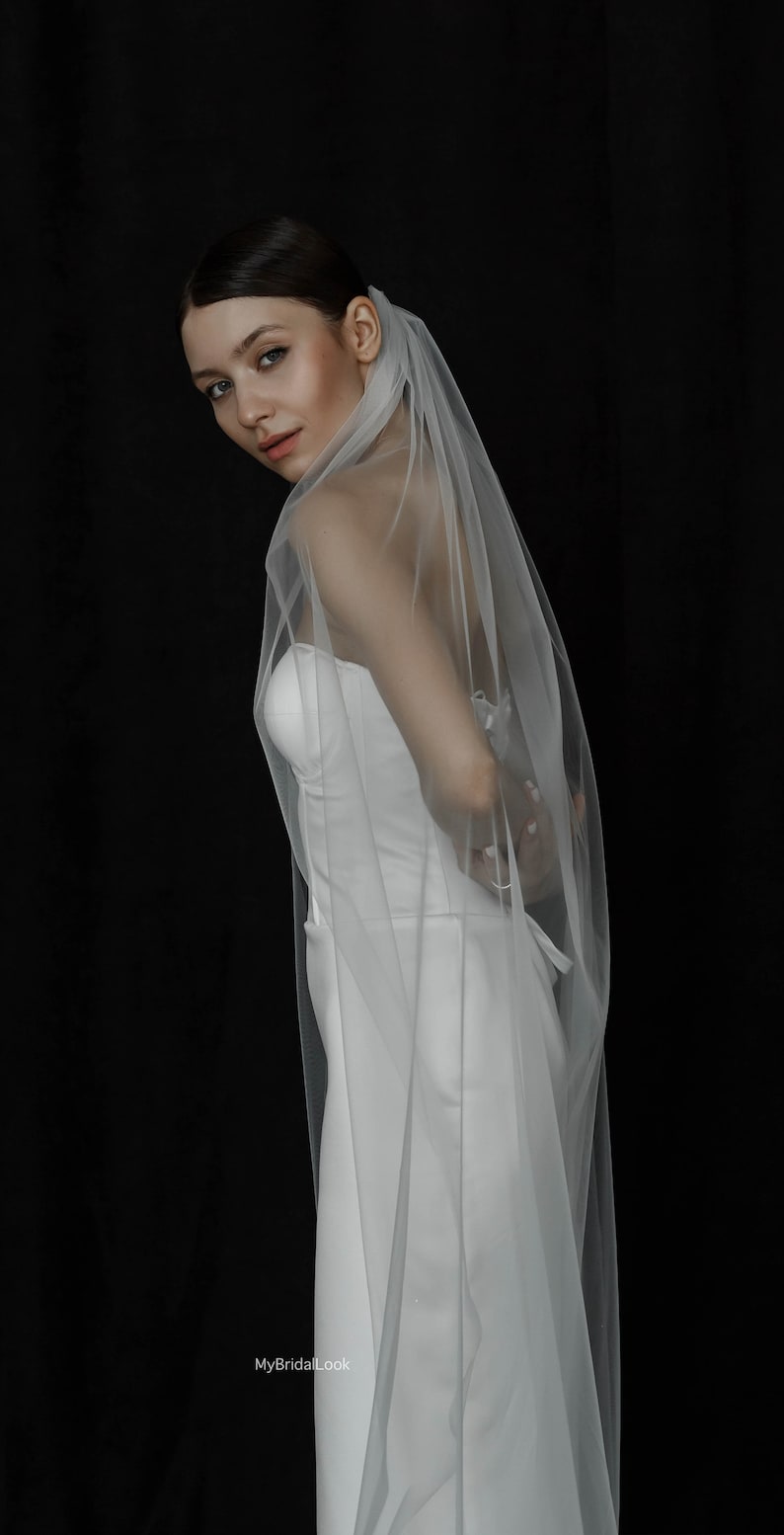 May include: A bride in a white strapless wedding dress and sheer veil against a black backdrop. The veil drapes over the shoulders and back. The dress is fitted and simple. The image is a studio shot.