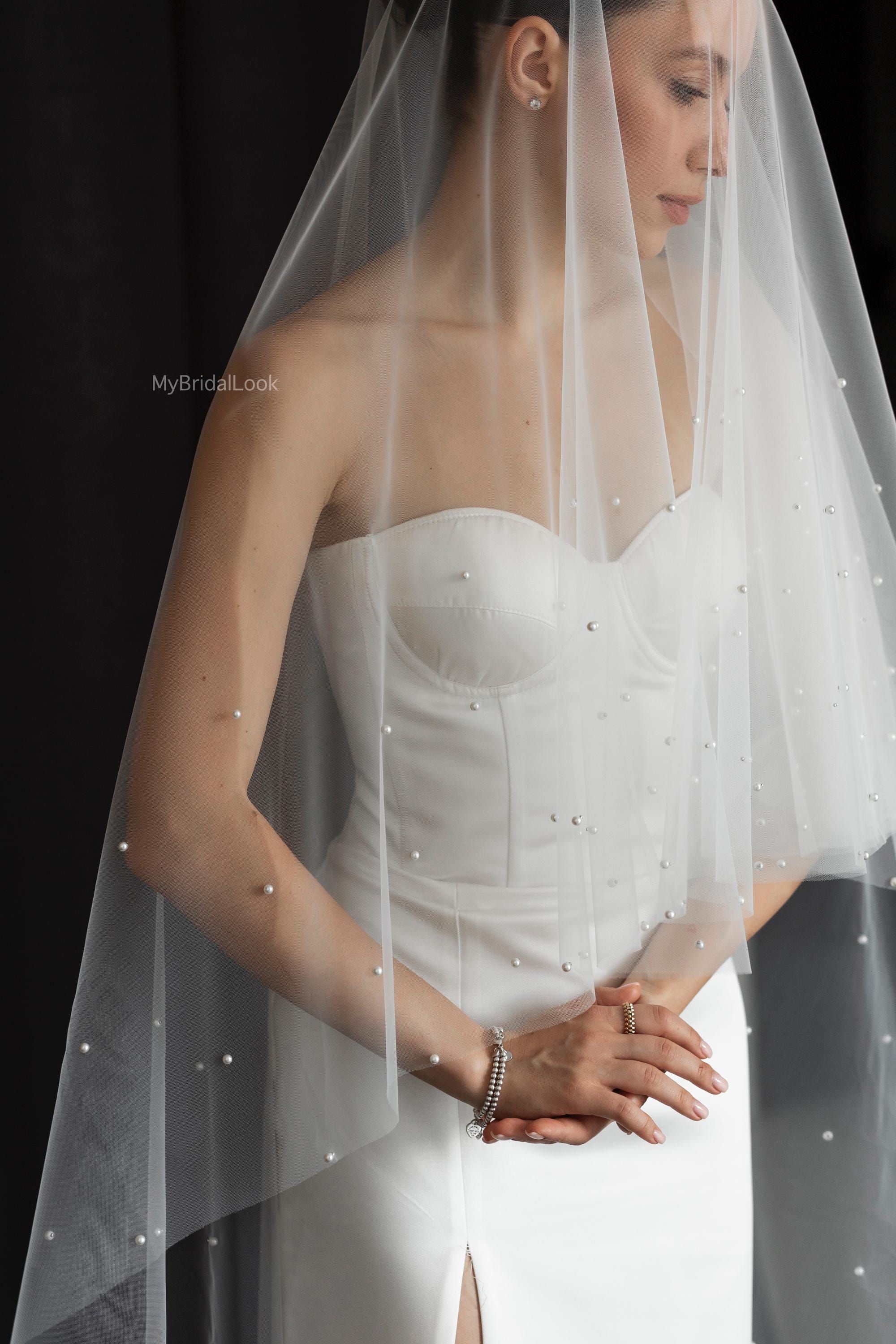 White 2 Tier 36” wedding bridal veil silver and clear beaded NWT Fingertip Length Wedding Veil with Crystals, Beaded Bridal  main image 4
