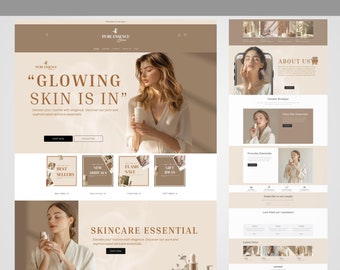 Puede incluir: Maqueta de tema Shopify para una marca de cuidado de la piel. El diseño del sitio web presenta una paleta de colores neutros con imágenes de mujeres y productos para el cuidado de la piel. El texto incluye "Glowing Skin Is In" y "Skincare Essential".