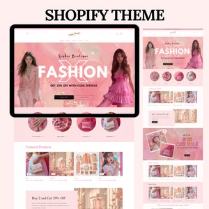 Shopify Theme, Website Template for Boutique, Shopify Template,  Pink Shopify Template, Minimal & Cute Design, Fashion Theme, Website Theme