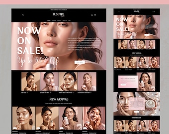 May include: A website homepage for a skincare brand called LUSCTRE. The website features a sale banner with the text "NOW ON SALE! Up to 50% Off". The website also features a new arrival section with images of skincare products.