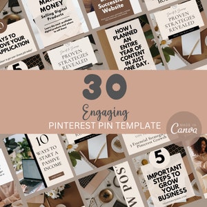 Könnte beinhalten: Eine Collage aus 30 Pinterest-Pin-Vorlagen in einem braunen und beigefarbenen Farbschema. Die Vorlagen enthalten Textüberlagerungen mit Tipps zum Starten eines passiven Einkommens, zum Wachstum eines Unternehmens und zur Erstellung ansprechender Inhalte. Der Text "30 ansprechende Pinterest-Pin-Vorlagen" wird in der Mitte der Collage angezeigt.