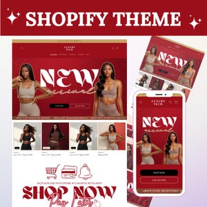 Może przedstawiać: Reklama motywu Shopify z interfejsem strony internetowej i aplikacji mobilnej. Projekt wykorzystuje czerwoną i białą kolorystykę, promując kolekcję "New Arrival". Tekst zawiera "Shop Now" i "Shop Now Pay Later".