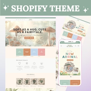 Könnte beinhalten: Ein Shopify-Theme-Mockup mit einer Website und einem Handy-Bildschirm. Die Website zeigt eine sanfte Farbpalette mit Pilzillustrationen und dem Text "SOFT AS A HUG. CUTE AS A FAIRYTALE." Der mobile Bildschirm zeigt "NEW ARRIVAL."