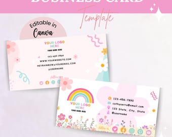 Pink Business Card Template, Creative Rainbow Small Business Card Design, , Canva editable, Canva Business Card, Editable Business Card