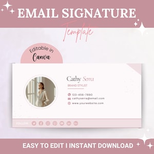 Minimalistisk mall för e-postsignatur, rosa e-postdesign för småföretag, e-postmallar, redigerbar e-postsignatur i Canva, Gmail, Outlook