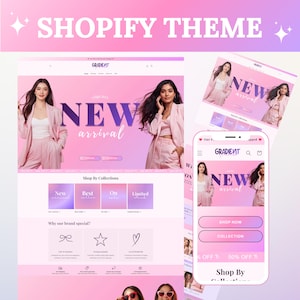 May include: A Shopify theme design with a pink and purple gradient background. The design includes website mockups and a phone screen displaying a "New Arrival" banner. The text "Shopify Theme" and "New Arrival" are visible.