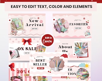 Cherry Shop Banner, Shopify Banner Canva Template, Shopify Banners Customizable Colors, Canva Editable Website Banner, Pink Store Design