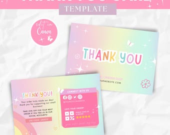 Rainbow Thank You Card Template Canva, Rainbow Design, Canva Order Card, Customizable Canva Thank You Card Design, Small Business Branding