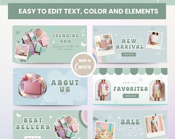Pastellgrüne Website Banner Canva Vorlage, Shopilly Banner anpassbare Farben, Canva bearbeitbar, Sage Website Banner E-Kommerz-Shop-Design