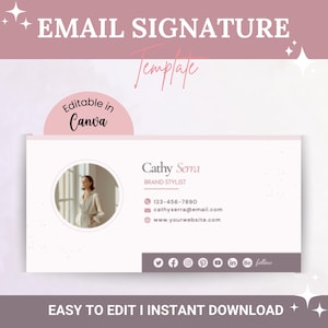 Può includere: Modello di firma e-mail digitale nei toni del rosa e del grigio. Il design include una foto circolare, informazioni di contatto e icone dei social media. Il testo include "EMAIL SIGNATURE Template", "Editable in Canva" e "EASY TO EDIT I INSTANT DOWNLOAD".