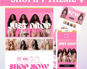 May include: Pink Shopify theme with website and mobile app mockups. The website displays images of women with long hair, with the text "JUST DROP" and "SHOP NOW PAY LATER". The mobile app shows the same theme.