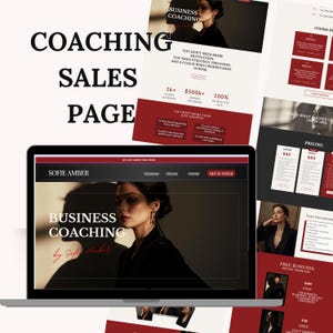 May include: A laptop displays a business coaching sales page with the text "Business Coaching by Sofie Amber." Additional pages showcase coaching details, pricing, and client testimonials. The design features a woman in a black blazer.