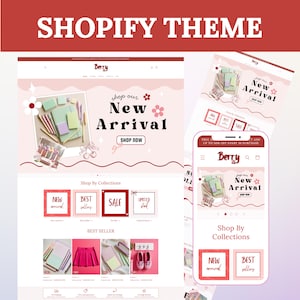 Peut inclure: Un thème Shopify avec un design rose et blanc. Il présente une mise en page de site web et un écran de téléphone mobile, tous deux affichant le texte "New Arrival" et des images de produits. Le thème comprend des sections pour les collections et les meilleures ventes.