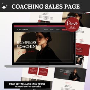 May include: A laptop displaying a business coaching website template. The screen shows the text "BUSINESS COACHING by Sofie Amber" with a woman's image. Additional pages showcase website modules and the text "FULLY EDITABLE AND EASY TO USE Done-For-You Website."