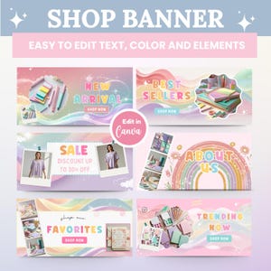 Shopify-banner pastellregnbåge, Canva-mall, Shopify-banners anpassningsbara färger, Canva-redigerbar webbplatsbanner e-handelsbutiksdesign