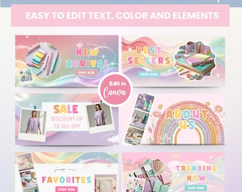 Shopify Banner Pastel Rainbow, Canva Template, Shopify Banners Customizable Colors, Canva Editable Website Banner E-commerce Store Design