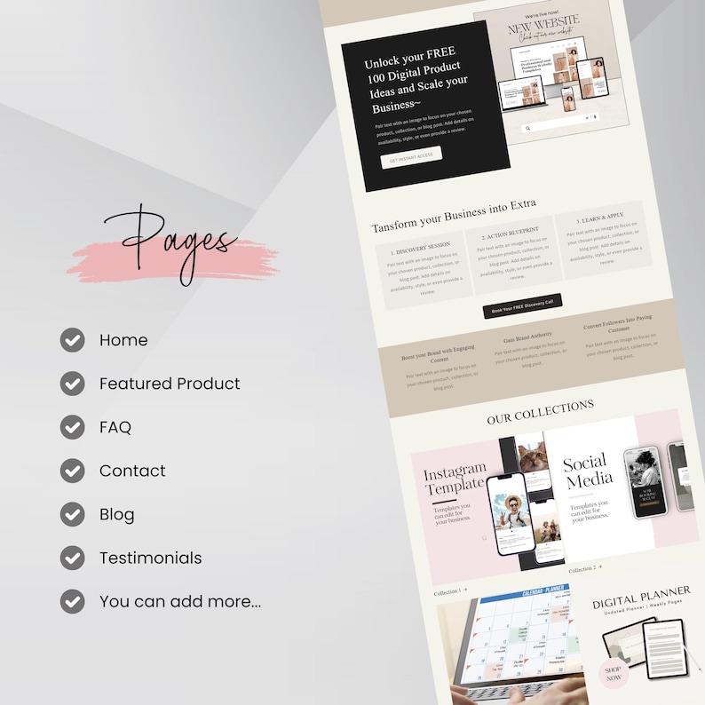 Shopify Theme Digital Product, Shopify Website Template,  Pink Shopify Templates, Website templates, Shopify Banners, Digital Websites