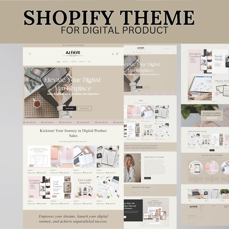 May include: A website mockup for a Shopify theme designed for digital product sales. The website features a light brown background with a pink and white color scheme. The text "Elevate Your Digital Marketplace" is displayed in a large font size. The website also includes images of digital products, such as planners, social media templates, and free guides.