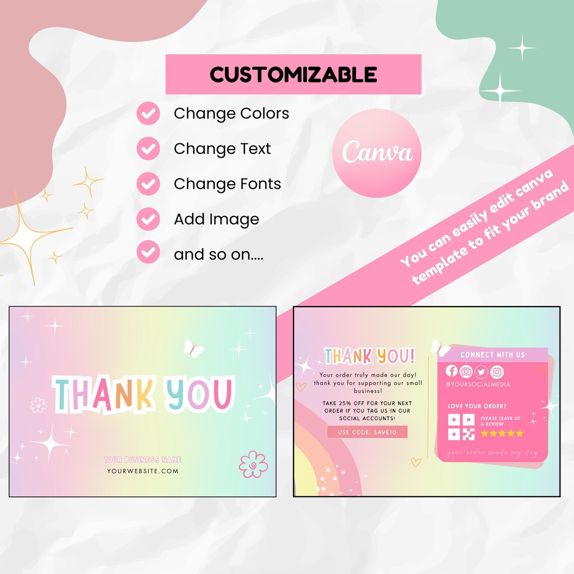 Rainbow Thank You Card Template Canva, Rainbow Design, Canva Order Card ...