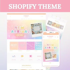 May include: A Shopify theme design with a pastel rainbow color scheme. The design is displayed on a laptop, a tablet, and a smartphone. The text "NEW ARRIVAL" and "SHOP NOW" are prominent. The theme is for an e-commerce store.