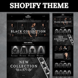 Könnte beinhalten: Ein Shopify-Theme-Design in Schwarz und Weiß. Die Website zeigt eine "Black Collection" mit Kleidung und Accessoires. Der Text enthält "New Arrival" und "Up to 50% Off!" in einem modernen Layout.