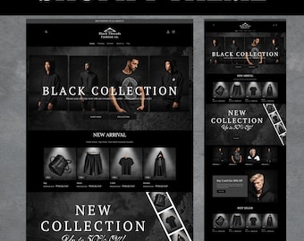 May include: A Shopify theme design with a black and white color scheme. The website displays a "Black Collection" with images of clothing and accessories. Text includes "New Arrival" and "Up to 50% Off!"