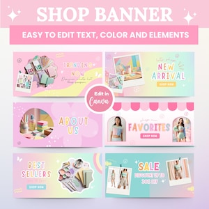 Puede incluir: Un conjunto de seis banners de tienda coloridos con fondos de color rosa pastel, azul y amarillo. Los banners presentan texto como "Tendencia ahora", "Nueva llegada", "Acerca de nosotros", "Favoritos", "Los más vendidos" y "Venta". Los banners también incluyen ilustraciones de flores, mariposas y papelería.