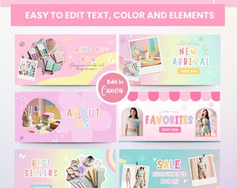 Pastel Rainbow Shopify Banner Canva Template, Shopify Banners Customizable Colors, Canva Editable Website Banner E-commerce Store Design