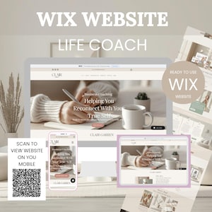 May include: A digital mockup showcasing a Wix website design for a life coach. The design features a clean, modern aesthetic with soft neutral tones. The image includes a laptop, phone, and tablet displaying the website, along with the text "WIX WEBSITE LIFE COACH".