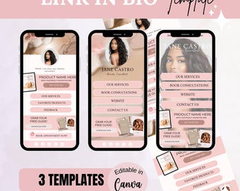 3 Link in bio template, Landing Page, Canva Link In Bio, Instagram Bio Link, Beauty Website, Pink Template, Medspa , Esthetician Website