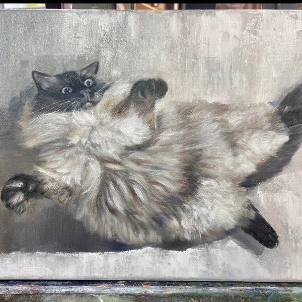 Playful Fluffy Cat Oil Painting, Custom Pet Art, Unique Hand-Painted Cat Portrait, Whimsical Feline Artwork, Gray Cat Lover Gift, Canvas