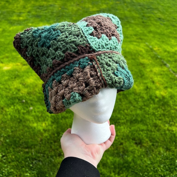 Forest Stripe Crochet Granny Square Cat Ear Beanie, Oversized Multicolor Granny Square Cat Ear Beanie Brown, Tan and Green Shades
