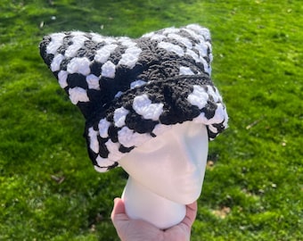 Custom Crochet Granny Square Cat Ear Beanie | Oversized Granny Square Cat Ear Beanie | Choose Your Personalized Colors!
