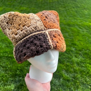 Ombré Latte Stripe Crochet Granny Square Cat Ear Beanie, Oversized Multicolor Granny Square Cat Ear Beanie Brown, Tan, Burnt Orange