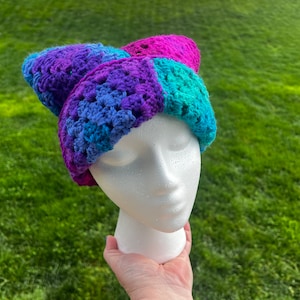 Ombré Polo Stripe Crochet Granny Square Cat Ear Beanie, Oversized Multicolor Granny Square Cat Ear Beanie Purple, Hot Pink, Blue, Teal