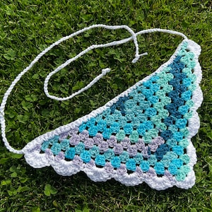 Sea Side Blue Crochet Bandana/Crochet Kerchief, Boho Headband/Hair Scarf/Triangle Hair Bandana/Hair Accessories w/Long Ties and Scallop Edge