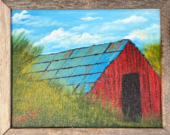 Red Barn Painting on Canvas in Rustic Frame -B